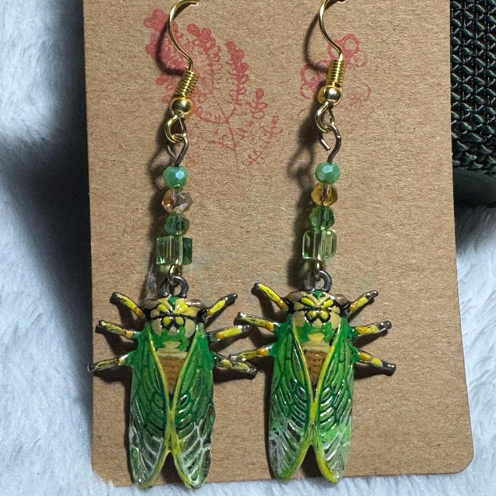 Green and Gold Cicada Earrings